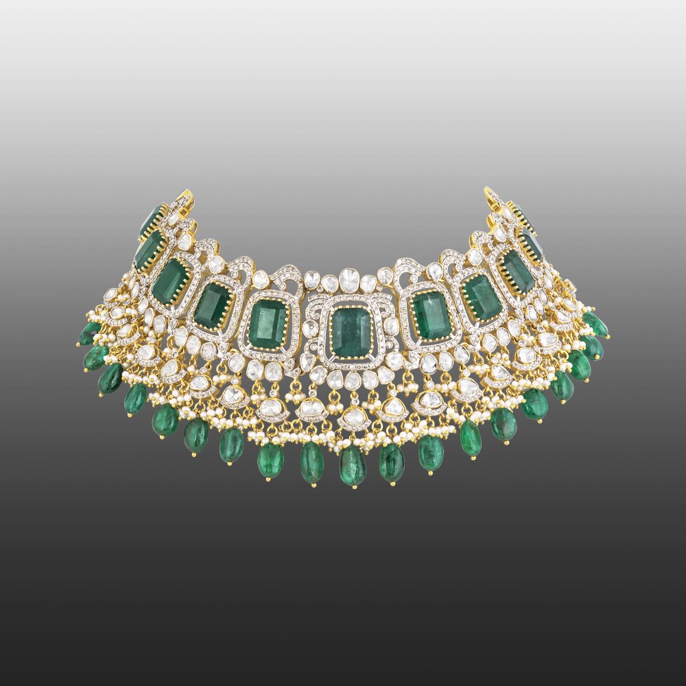 Emerald Colourstones Polki Choker with Emerald Maniya